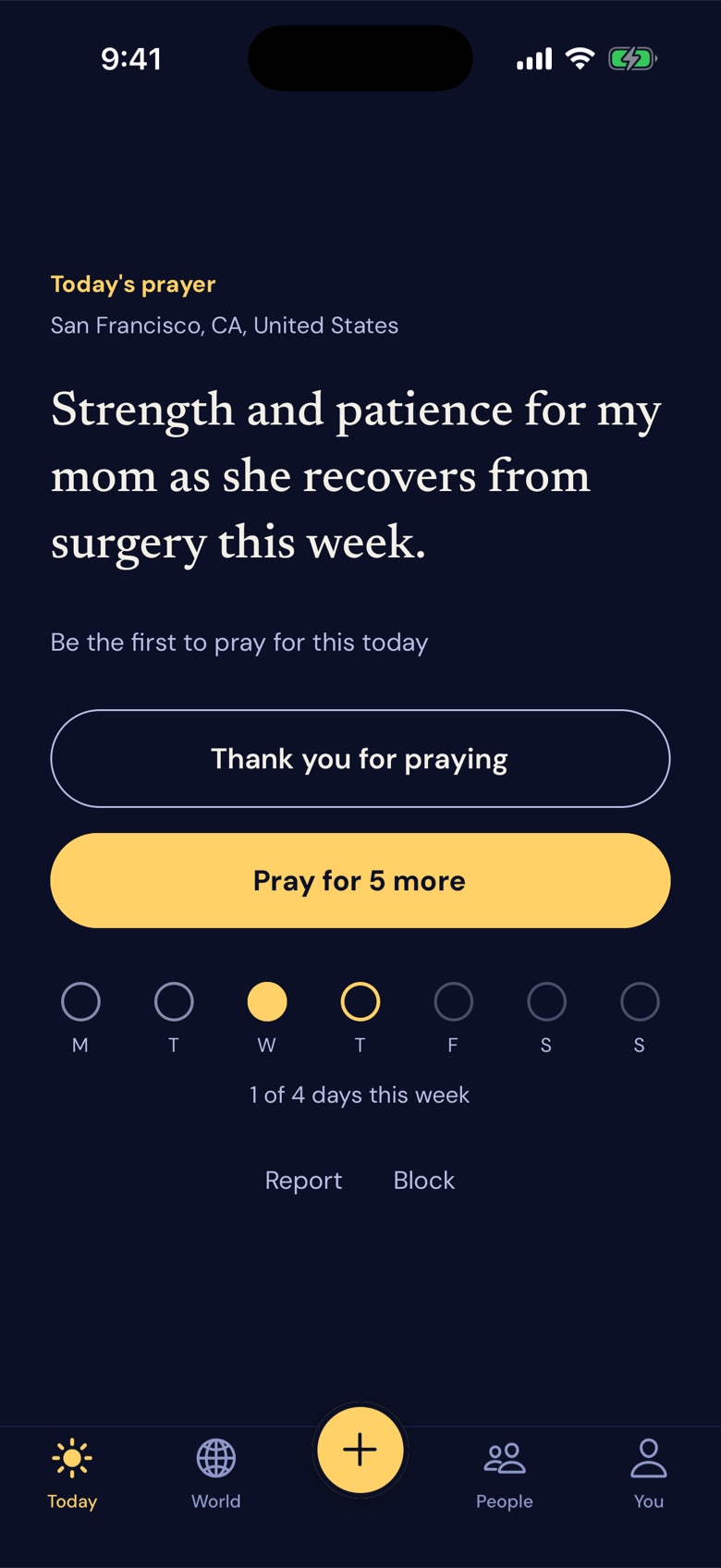 Lumen's Today screen: one shared moment for the whole community, with a button to say you prayed.